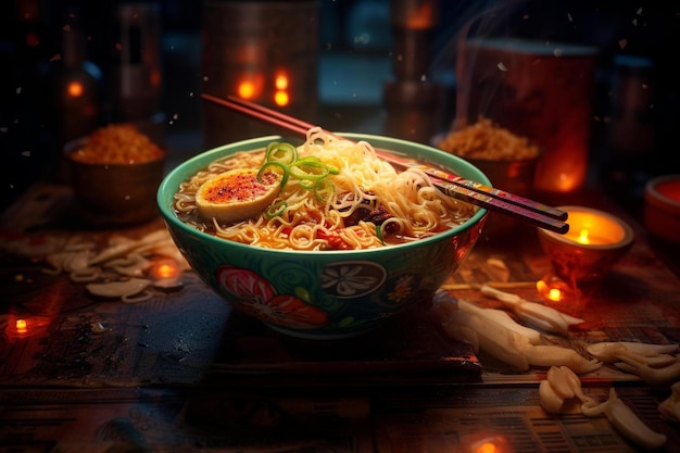 a bowl of noodles with chopsticks on a table