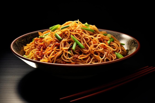 a bowl of noodles with chopsticks on a table