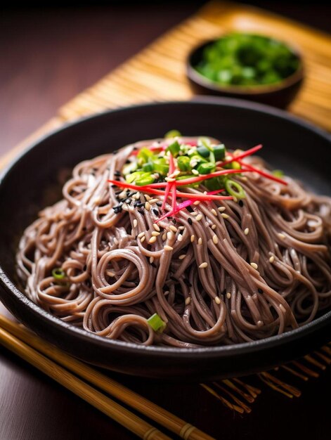 a bowl of noodles with chopsticks on a table