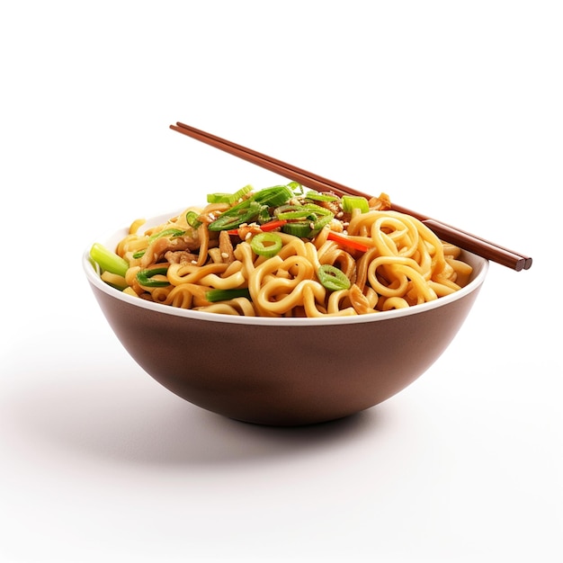 A bowl of noodles with chopsticks and a white background
