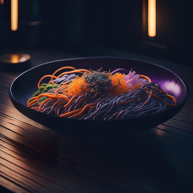 A bowl of noodles with colorful ribbons on it