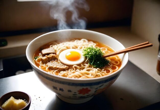 Photo a bowl of noodles with an egg on top of it