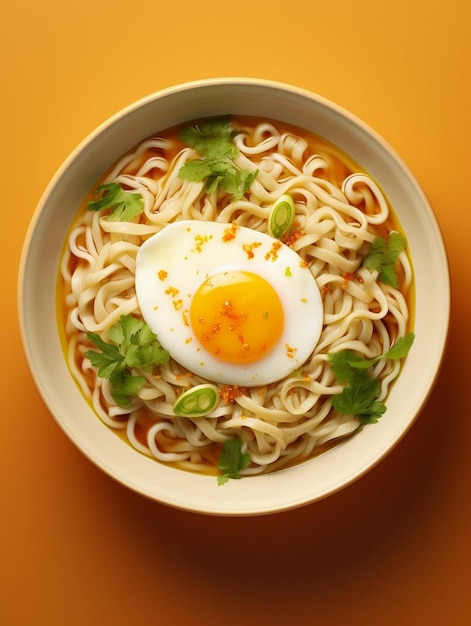 Photo a bowl of noodles with an egg on top