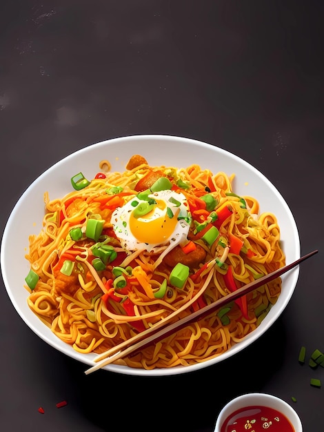 A bowl of noodles with an egg and vegetables in it.