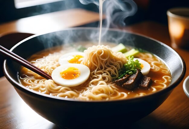 Photo a bowl of noodles with egg and vegetables and noodles