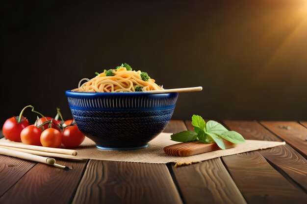 Photo a bowl of noodles with a fork and a piece of wood on the table.