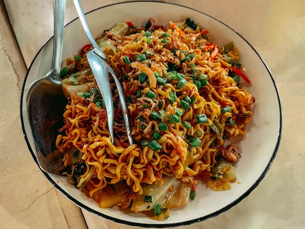 A bowl of noodles with a fork and a spoon with green onions on it