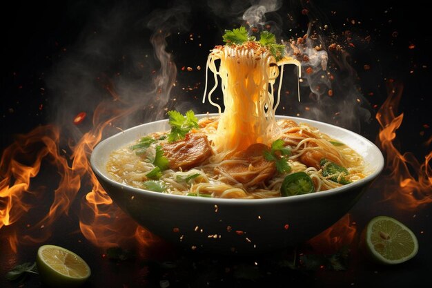 Photo a bowl of noodles with a fork sticking out of it