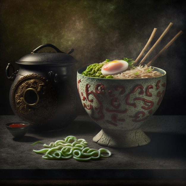 A bowl of noodles with a green egg on it next to a black pot.