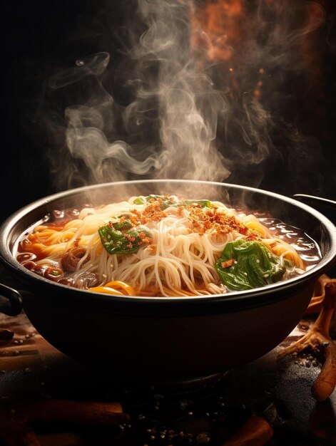 a bowl of noodles with a lot of smoke coming out of it