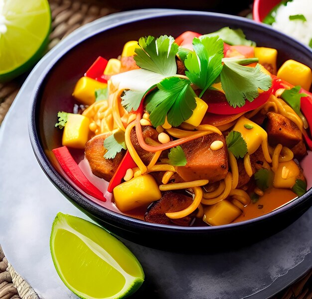 A bowl of noodles with mango, red peppers, and cilantro.