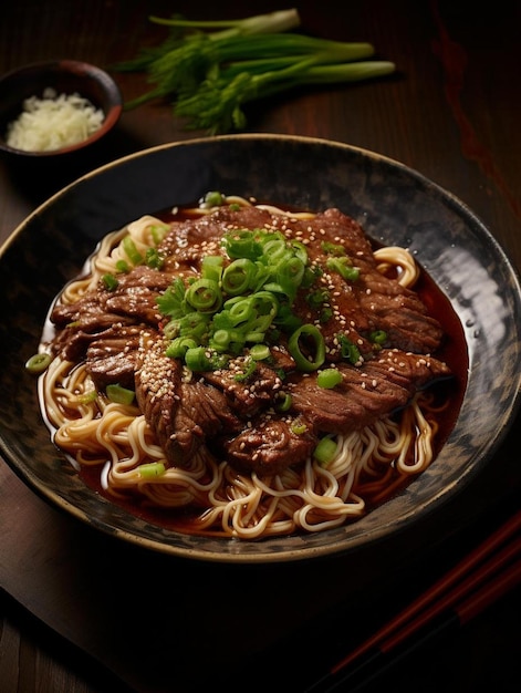 Photo a bowl of noodles with meat and green onions