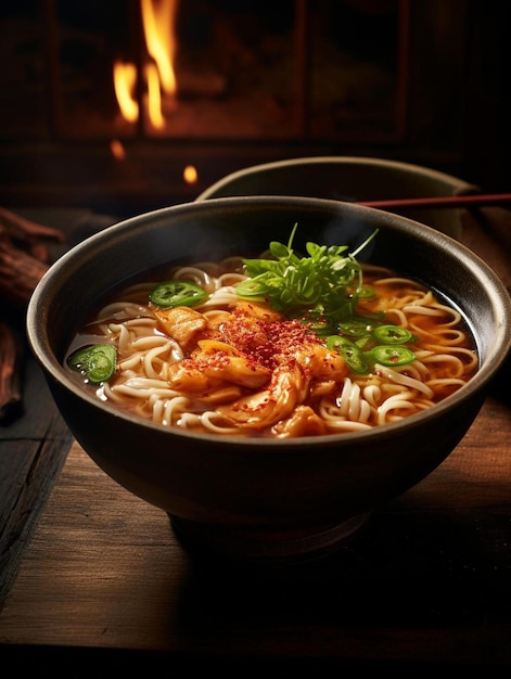 Photo a bowl of noodles with meat and vegetables in front of a fire place