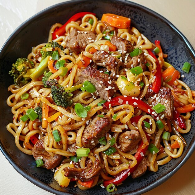 a bowl of noodles with meat vegetables and noodles