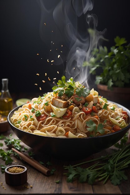 A bowl of noodles with meat and vegetables with steaming smoke