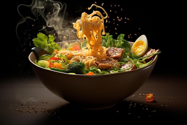 a bowl of noodles with meat and vegetables