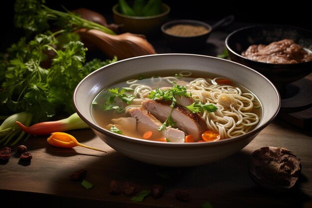 a bowl of noodles with meat and vegetables