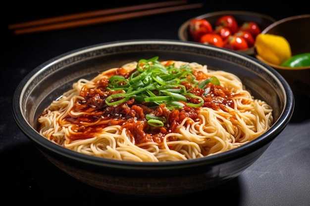 a bowl of noodles with meat and vegetables