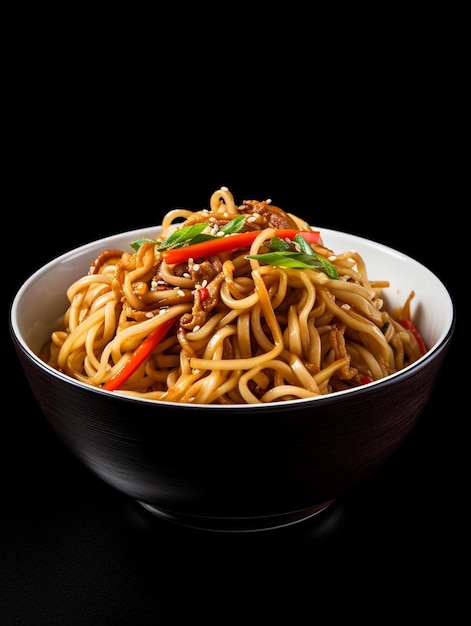 a bowl of noodles with meat and vegetables