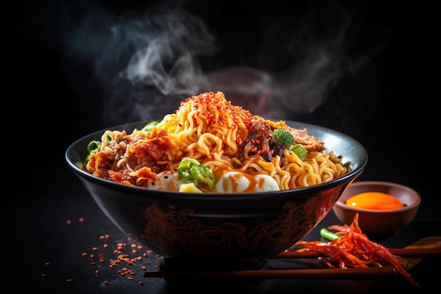 a bowl of noodles with meat and vegetables