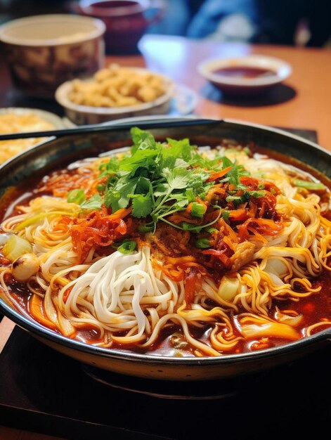 Photo a bowl of noodles with meat and vegetables