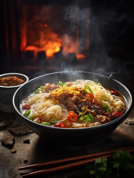 Photo a bowl of noodles with meat and vegetables