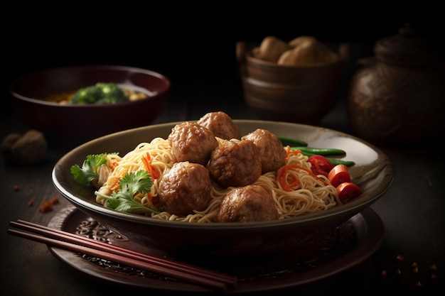 A bowl of noodles with meatballs on it