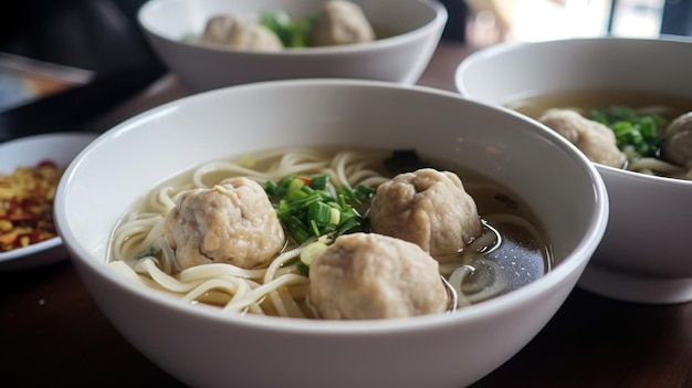 A bowl of noodles with meatballs in it