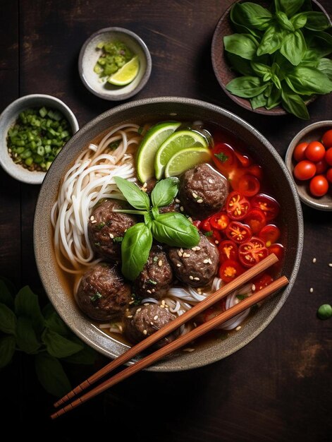 Photo a bowl of noodles with meatballs and vegetables