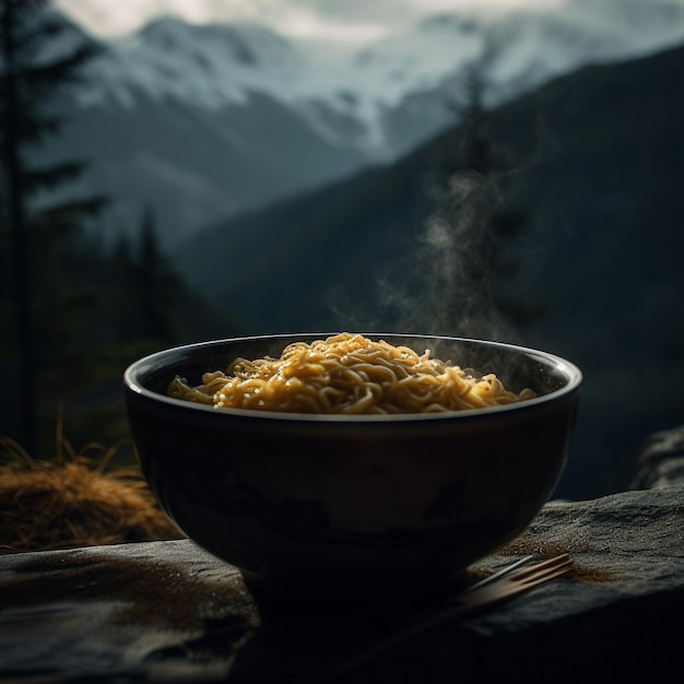 A bowl of noodles with a mountain in the background.