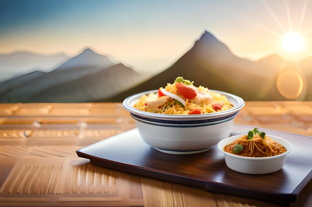 a bowl of noodles with a mountain in the background