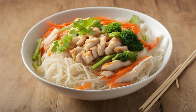 Photo a bowl of noodles with noodles and broccoli on it