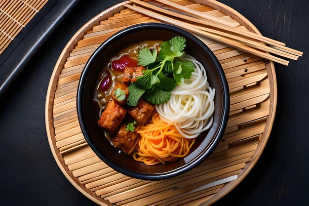 竹のマットの上に麺と麺が入った麺のボウル。