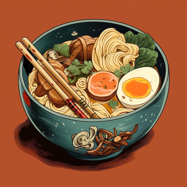 A bowl of noodles with an orange and a bowl of noodles.