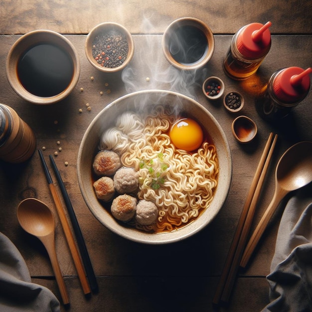 a bowl of noodles with an orange on the top