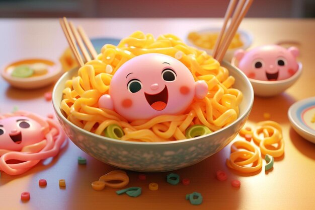 a bowl of noodles with a pink toy on it