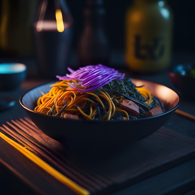 A bowl of noodles with purple cabbage on top.