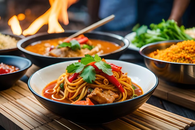 A bowl of noodles with a red sauce and a bowl of sauce with the word thai on it.