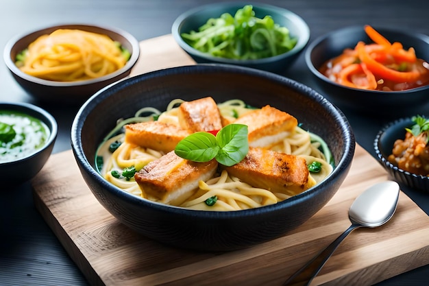 A bowl of noodles with salmon on it