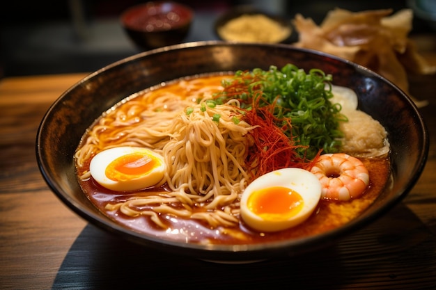 A bowl of noodles with shrimp and shrimp on it