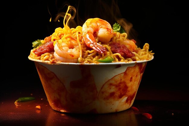 a bowl of noodles with shrimp and vegetables