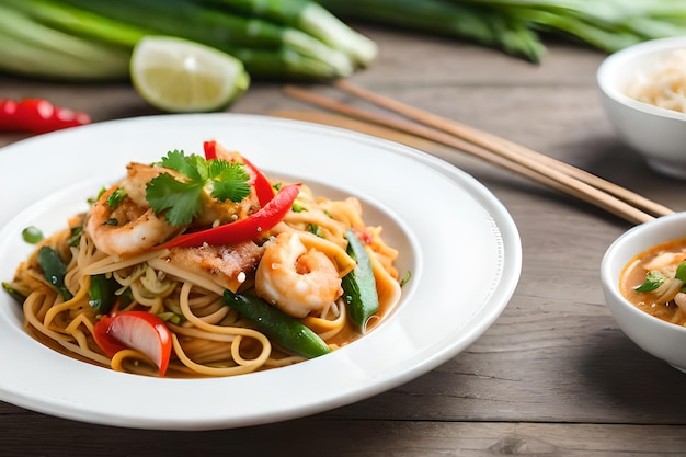 A bowl of noodles with shrimps and vegetables on a wooden table.