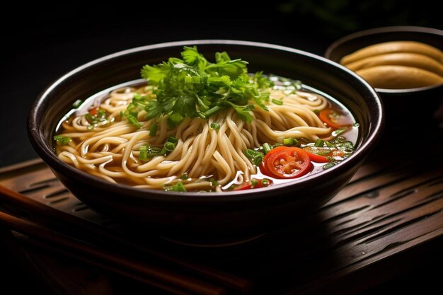 a bowl of noodles with a side of bread