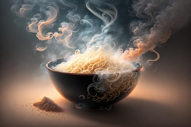 A bowl of noodles with smoke coming out of it