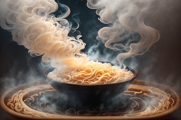 A bowl of noodles with smoke coming out of it