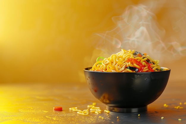 A bowl of noodles with steam rising from it