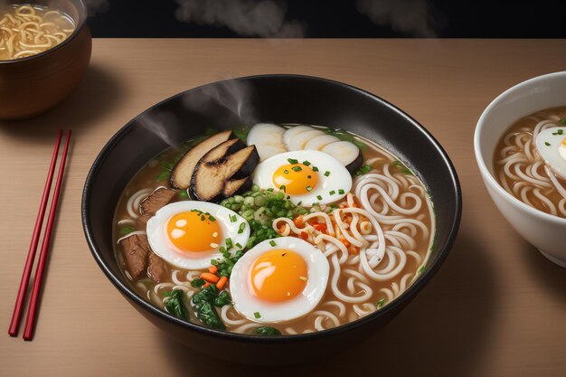 a bowl of noodles with two eggs and mushrooms in it and a cup of coffee on the side of the table