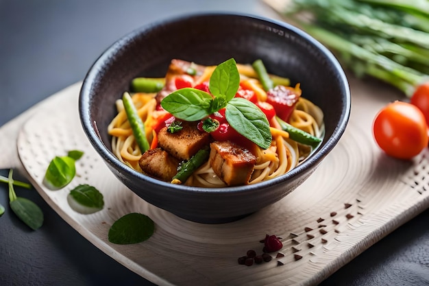 a bowl of noodles with vegetables and meat