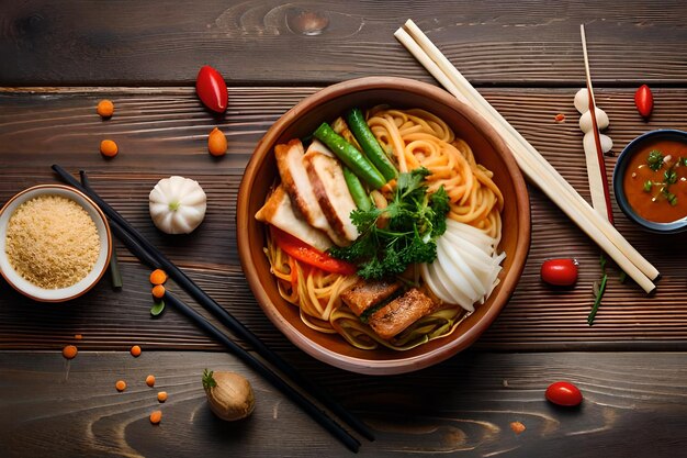 a bowl of noodles with vegetables and noodles on a wooden table.