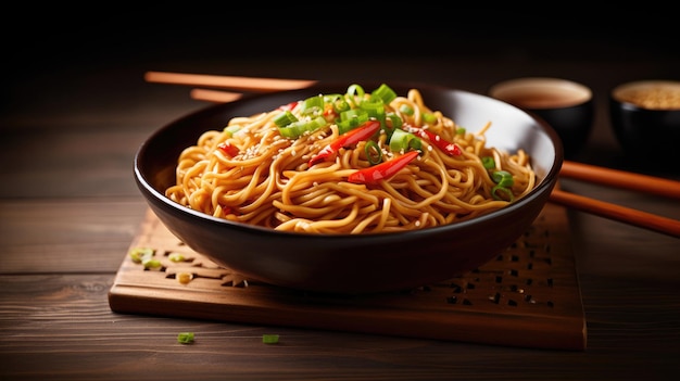 A bowl of noodles with vegetables and rice on a wooden board.